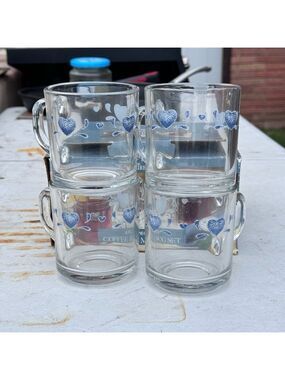 𝅺Vintage in box Anchor Hocking Glasses. Blue Hearts coffee tea 10 oz